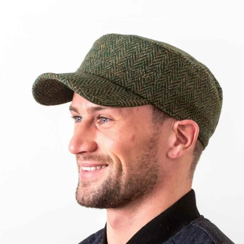 B10339 Irish Donegal Tweed Herringbone Cadet Cap Green Gaelsong