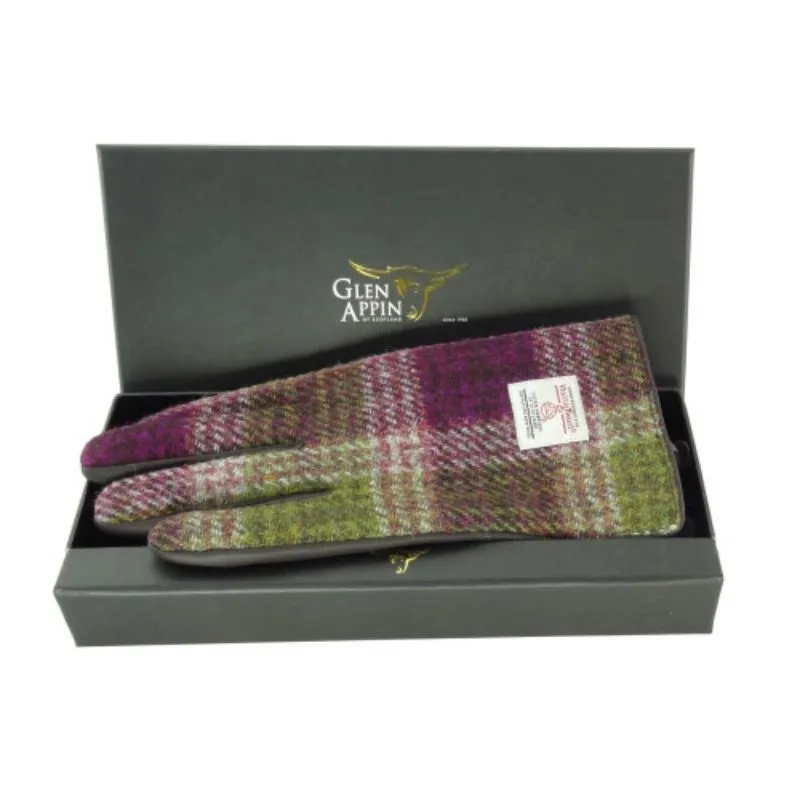 B10347 Tartan Design Harris Tweed Leather Gloves Heather Check Gaelsong
