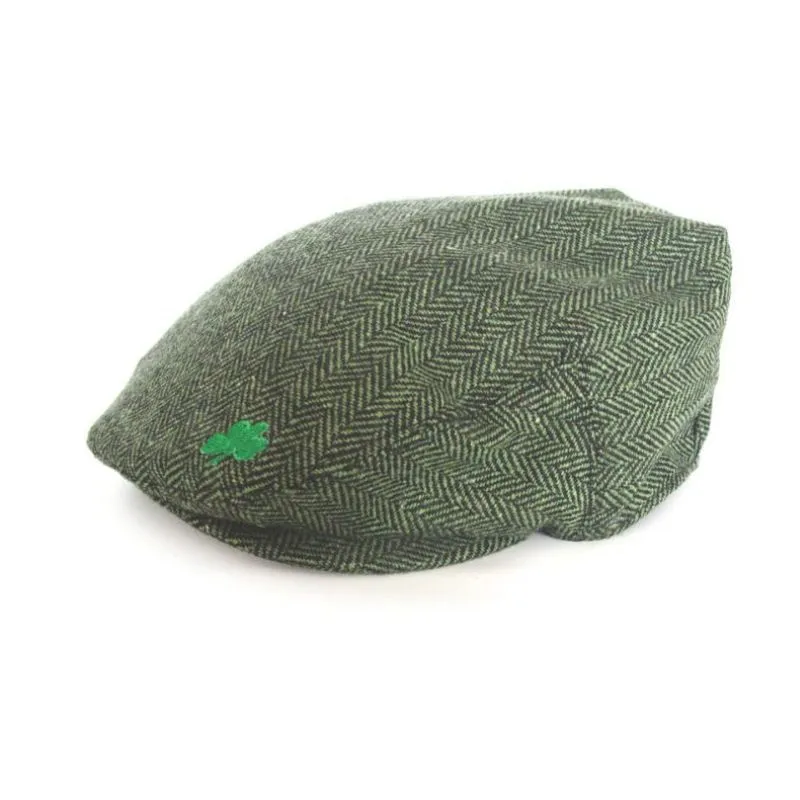 B10348 Shamrock Embroidery Herringbone Flat Cap Green Gaelsong