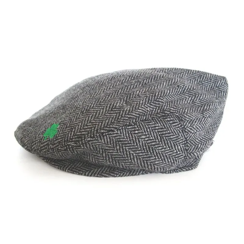  Irish Tweed Herringbone Flat Cap with Shamrock Embroidery