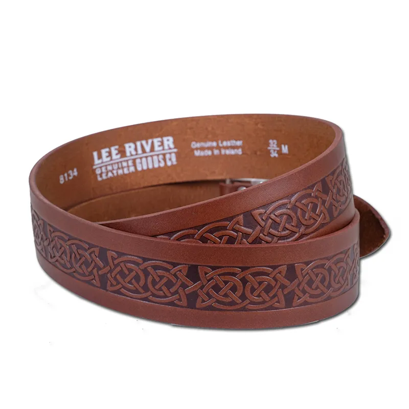 B20010 BROWN Colour Eternal Knot Irish Leather Belt Closeup Knot Design Gaelsong
