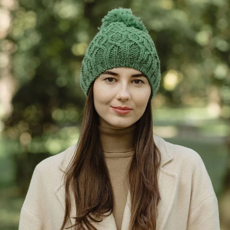 B30187 GREEN Colour Bobble Aran Cable Knit Hat Lifestyele Gaelsong