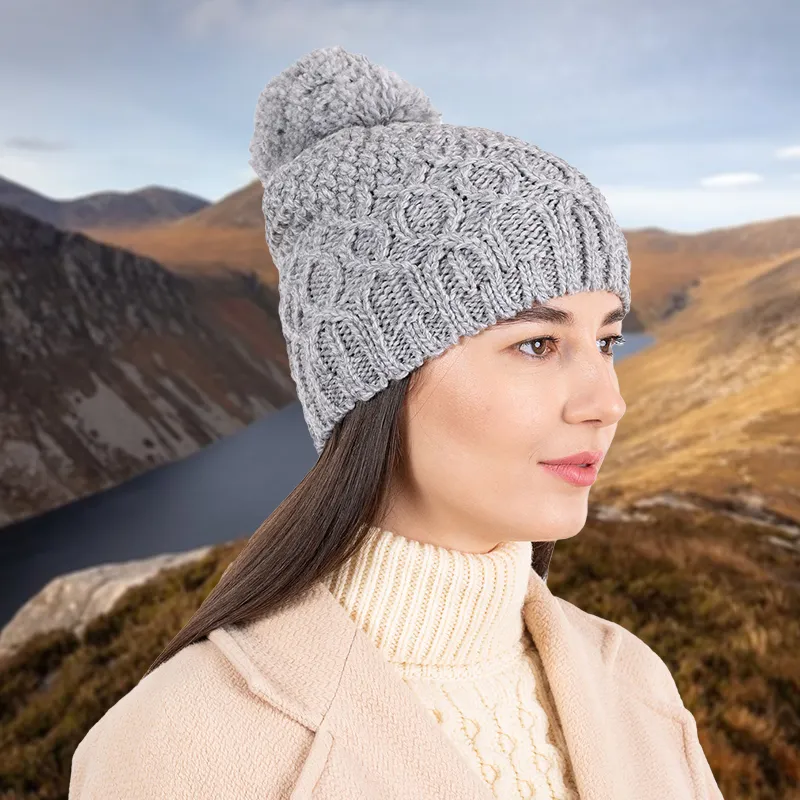 B30187 GREY Colour Bobble Aran Cable Knit Hat Lifestyle Gaelsong