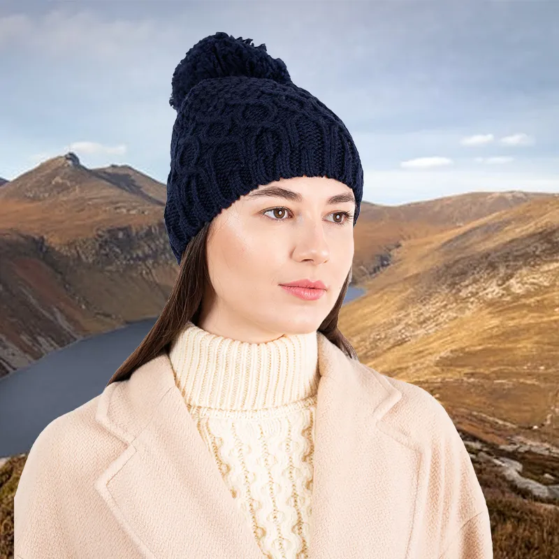 B30187 NAVY Colour Bobble Aran Cable Knit Hat Lifestyle Gaelsong