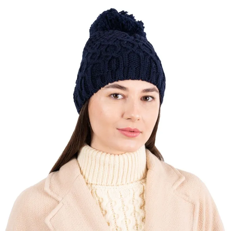 B30187 NAVY Colour Bobble Aran Cable Knit Hat Studio Gaelsong