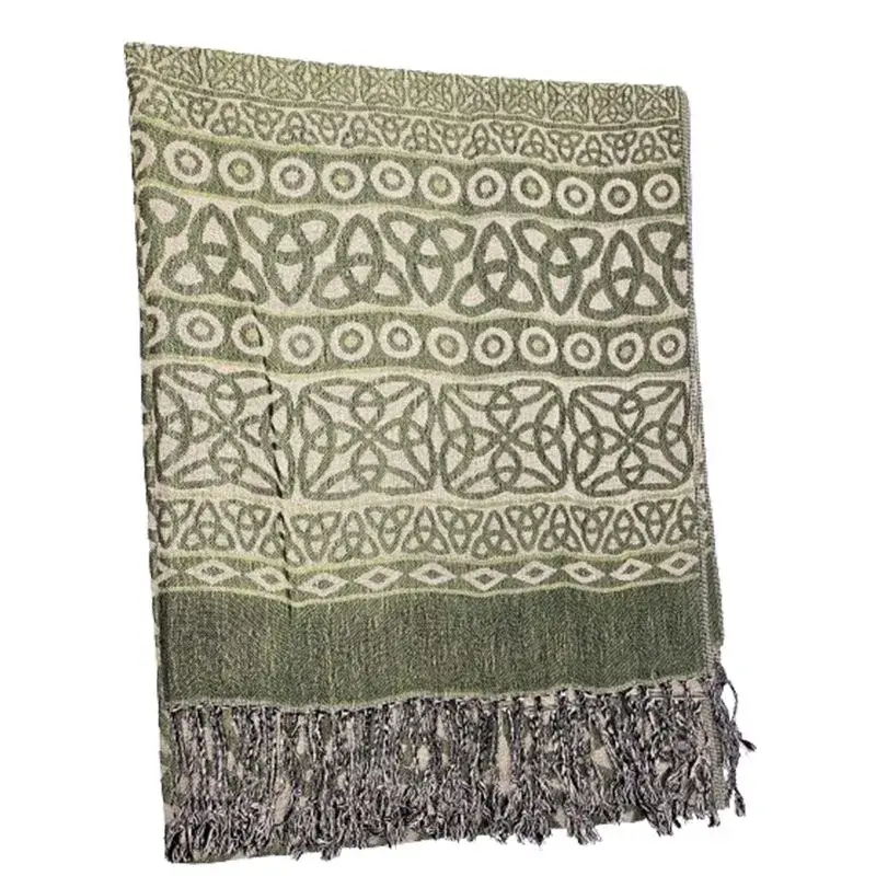 B30195 Inisheer Trinity Knot Fringed Scarf- Light Green Folded View Gaelsong