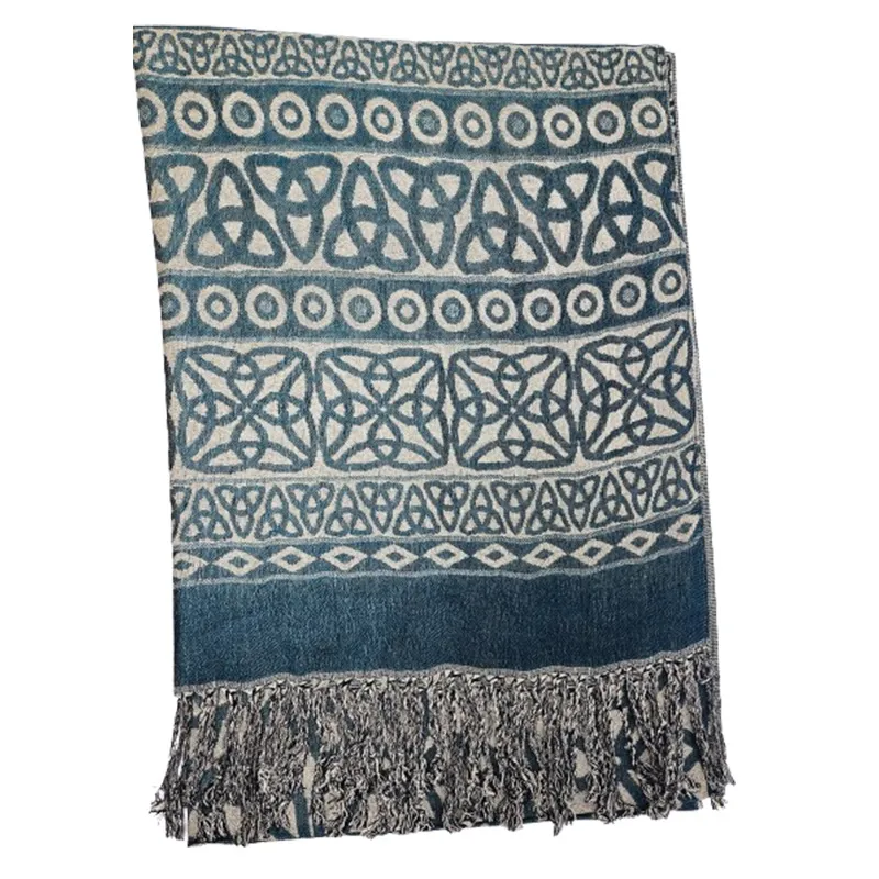 B30197 Inisheer Trinity Knot Fringed Scarf- Teal Folded View Gaelsong