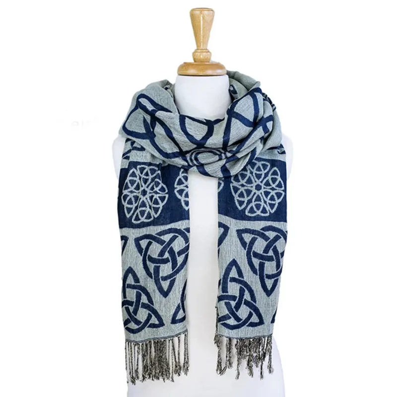 B30200 Celtic Triquestra Motif Scarf- Navy Sheen Reverse Side Gaelsong