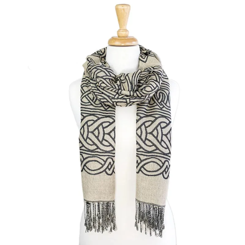 B30219 REVERSIBLE SIDE Viscose Celtic Knot Scarf - Black & Tan Gaelsong