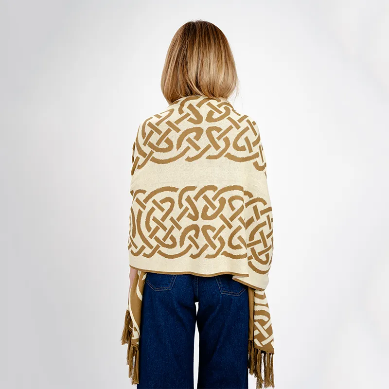 B30239 FAWN BROWN Colour Fringed Celtic Knot Shawl Back Side View Gaelsong