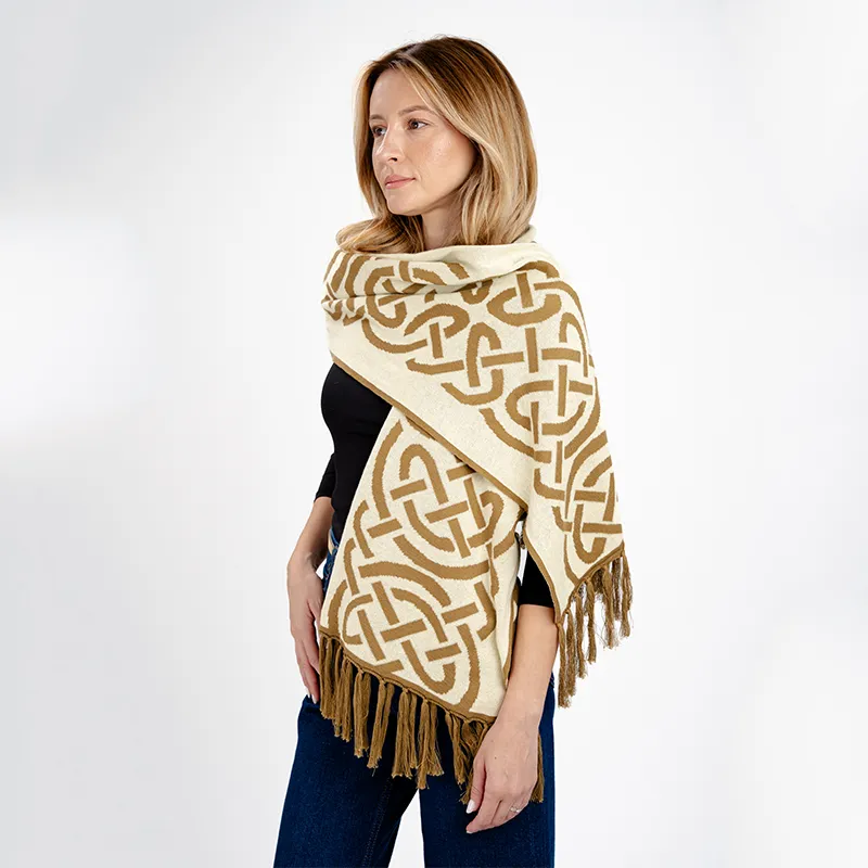 B30239 FAWN BROWN Colour Fringed Celtic Knot Shawl Side View Gaelsong