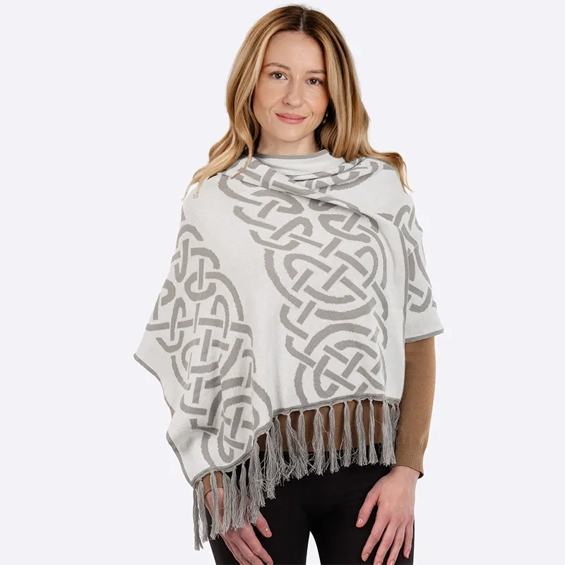 B30239 HARBOR GREY Colour Fringed Celtic Knot Shawl Gaelsong