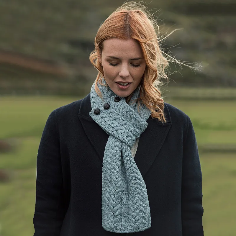 B30245 Color MISTY BLUE Patchwork Aran Wool Throw Lifestyle Gaelsong