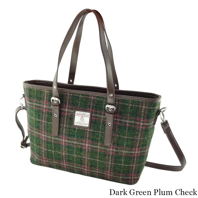 B40172 DARK GREEN PLUM CHECK Colour Handmade Tartan Harris Tweed Large Tote Bag Gaelsong