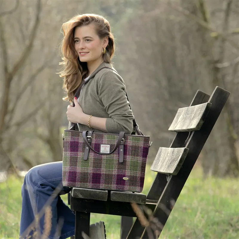 B40172 GREEN PINK Colour Handmade Tartan Harris Tweed Large Tote Bag Lifestyle Gaelsong