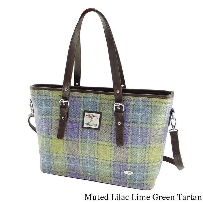 B40172 MUTED LILAC LIME GREEN TARTAN Colour Handmade Tartan Harris Tweed Large Tote Bag Gaelsong