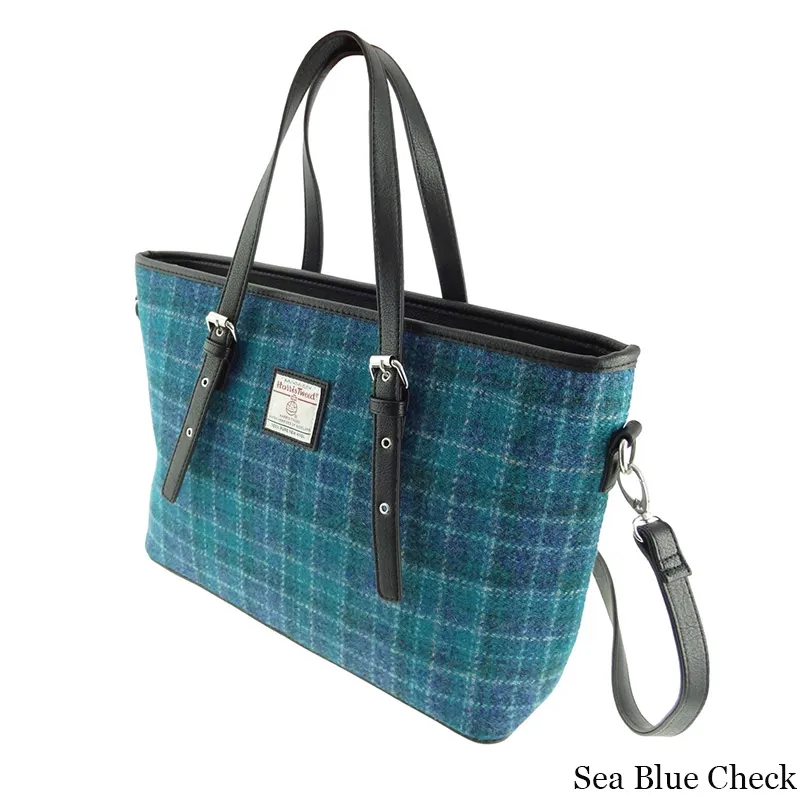 B40172 SEA BLUE CHECK Colour Handmade Tartan Harris Tweed Large Tote Bag Gaelsong