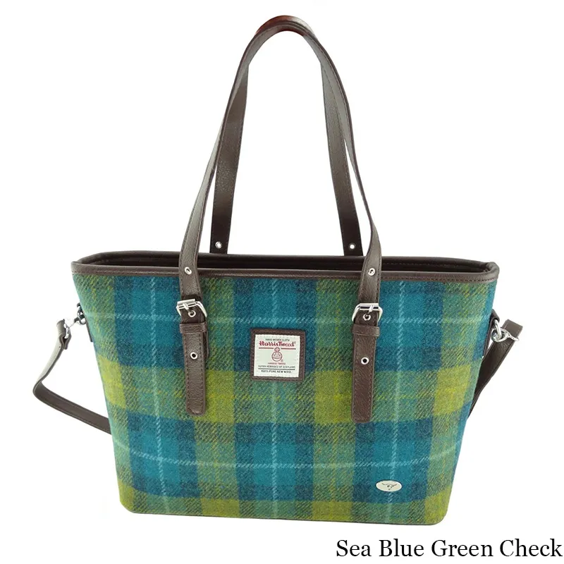 B40172 SEA BLUE GREEN CHECK Colour Handmade Tartan Harris Tweed Large Tote Bag Gaelsong