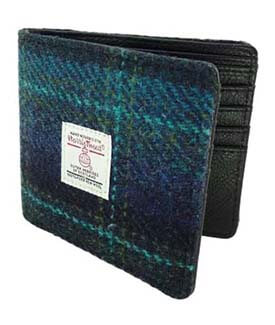 Harris Tweed Men's Wallet in Blue with Turquoise Overcheck