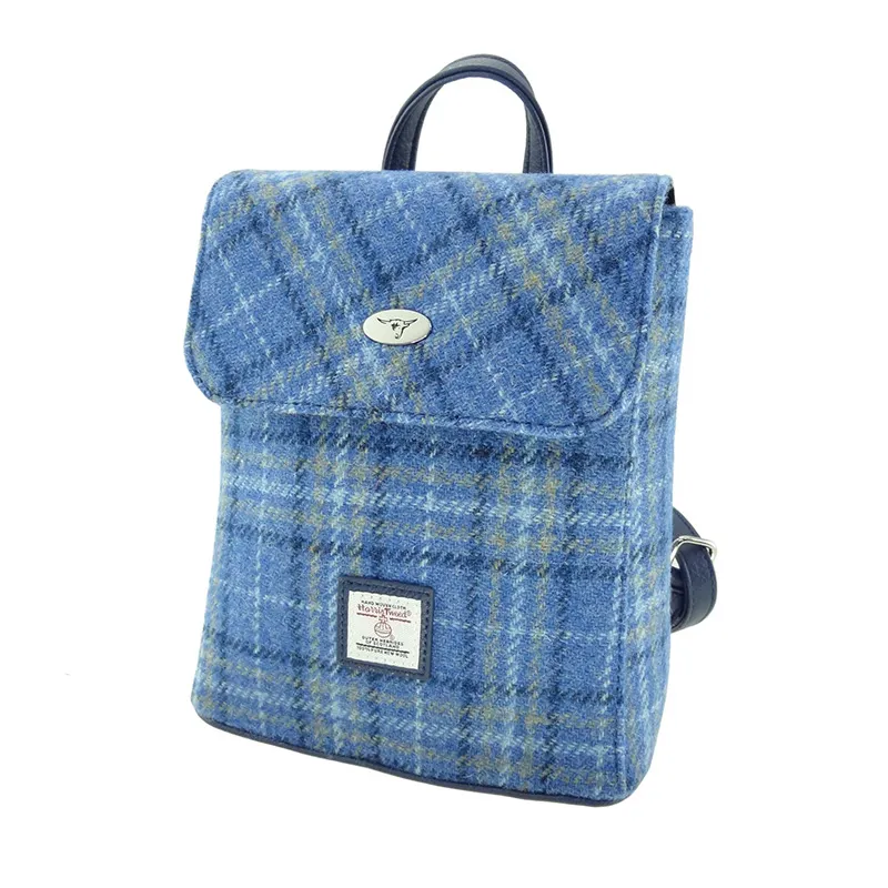 Gaelsong Handwoven Harris Tweed Backpack Light Blue Check