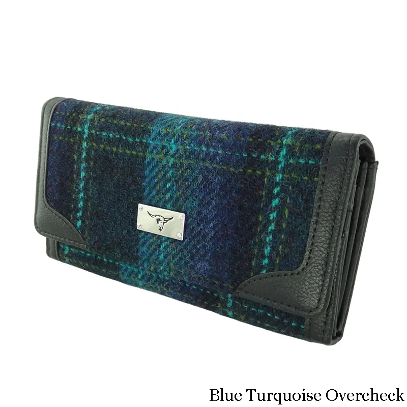 B40210 Handmade Harris Tweed Long Purse - Blue Turquoise Overcheck Gaelsong