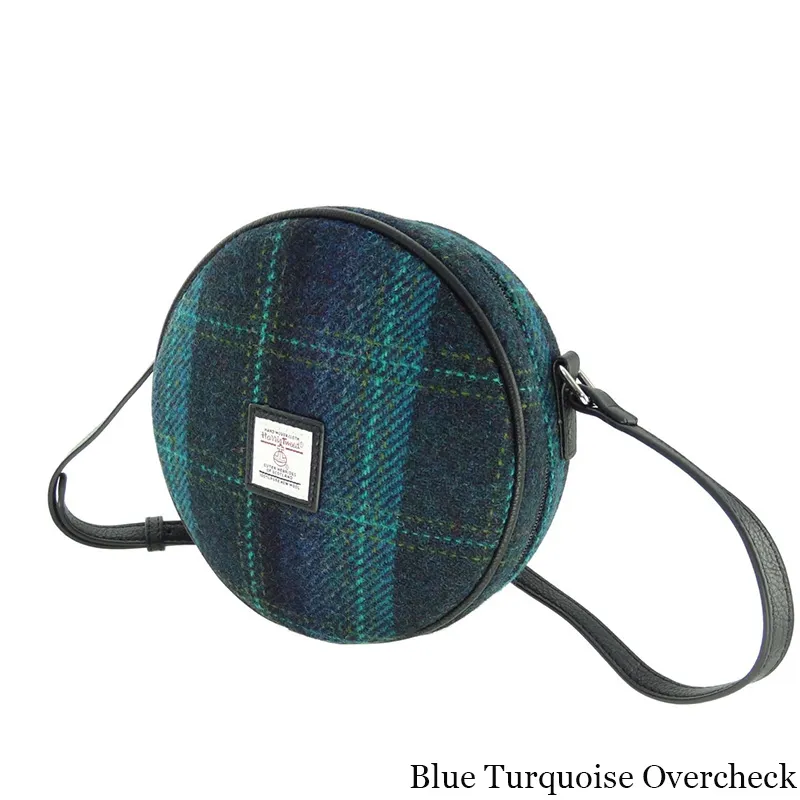 B40220 BLUE WITH TURQUOISE OVERCHECK Colour Harris Tweed Round Shoulder Bag  Gaelsong