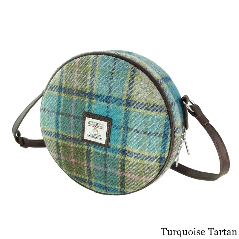 B40220 TURQUOISE TARTAN Colour Harris Tweed Round Shoulder Bag  Gaelsong