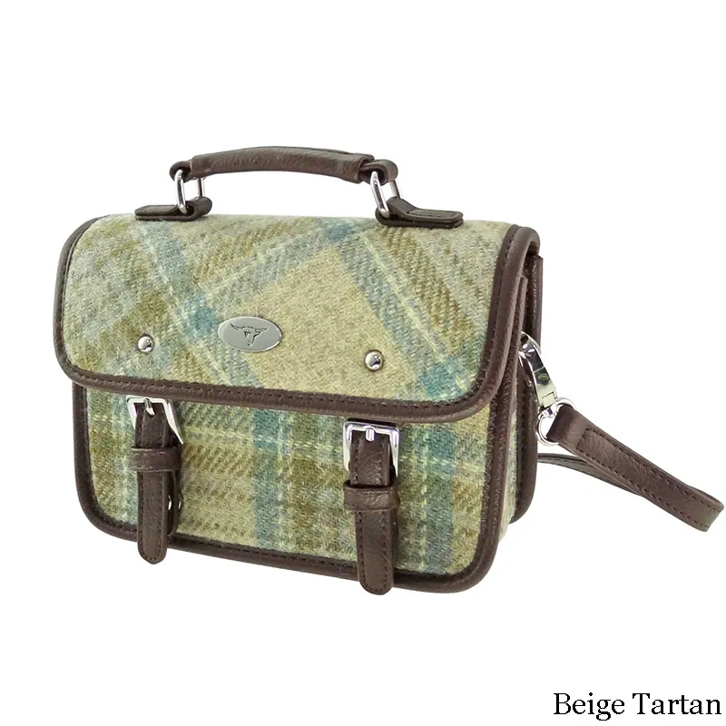 B40233 Handwoven Harris Tweed Mini Satchel - Beige Tartan Gaelsong