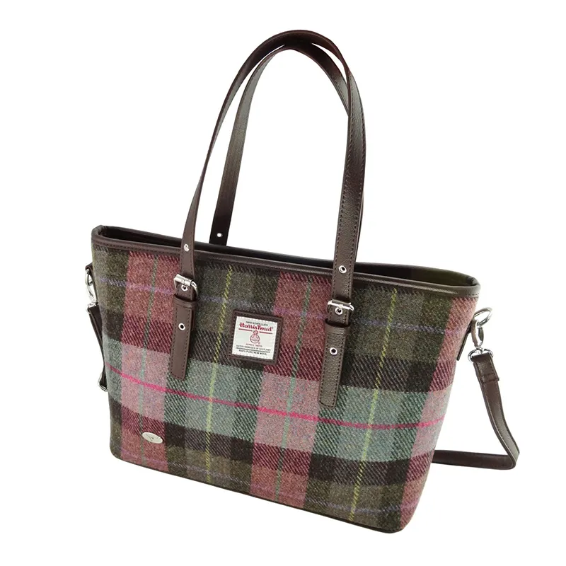 Handmade Harris Tweed Large Tote Bag - Green & Purple Tartan