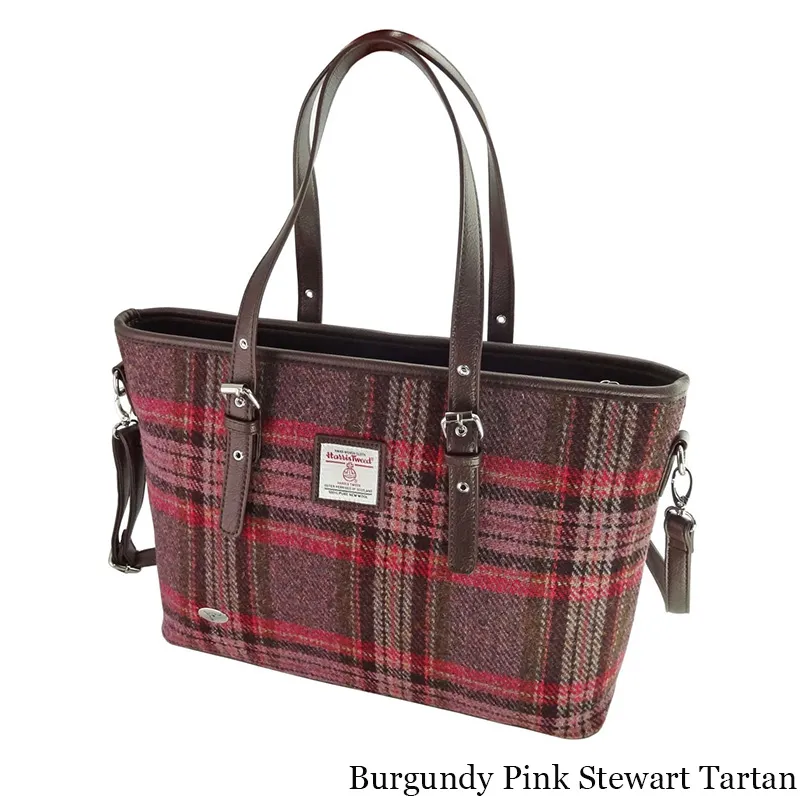 B40241 BURGUNDY PINK STEWART TARTAN Colour Tartan Harris Tweed Tote Bag Gaelsong