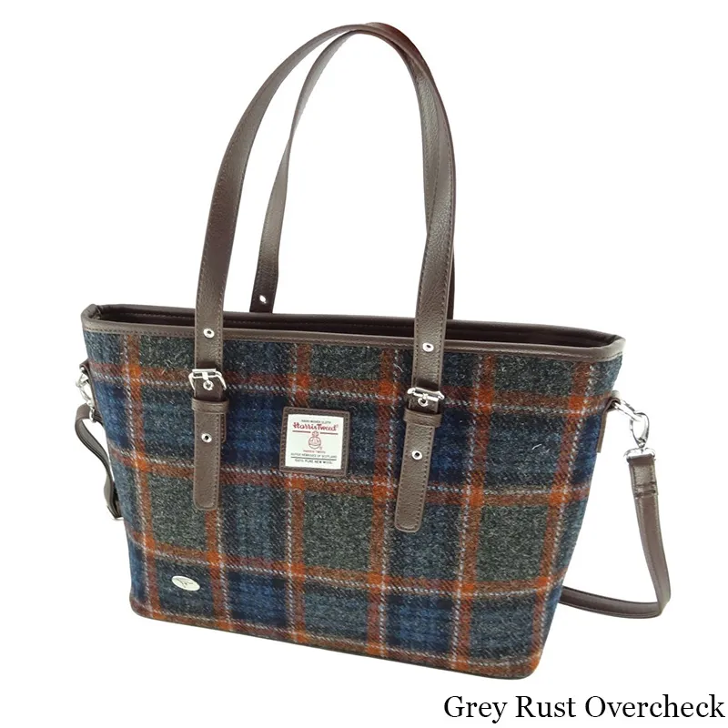 B40241 GREY WITH RUST OVERCHECK Colour Tartan Harris Tweed Tote Bag Gaelsong