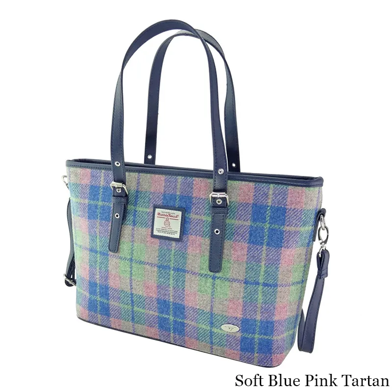B40241 SOFT BLUE AND PINK TARTAN Colour Tartan Harris Tweed Tote Bag Gaelsong