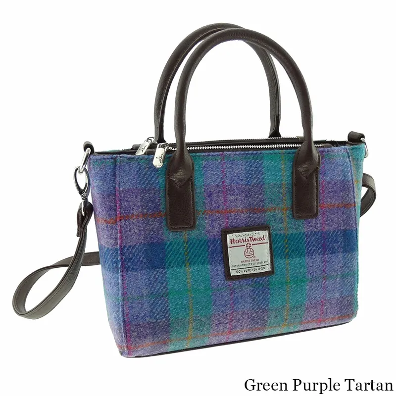 B40242 GREEN PURPLE TARTAN Colour Small Tartan Harris Tweed Tote Bag Gaelsong