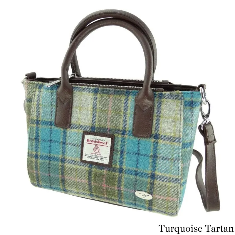 B40242 TURQUOISE TARTAN Colour Small Tartan Harris Tweed Tote Bag Gaelsong