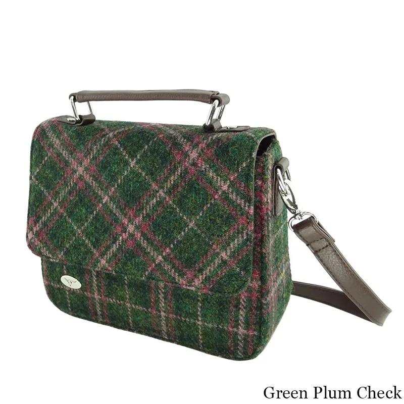 B40243 GREEN PLUM CHECK Colour Harris Tweed Square Shoulder Bag Gaelsong