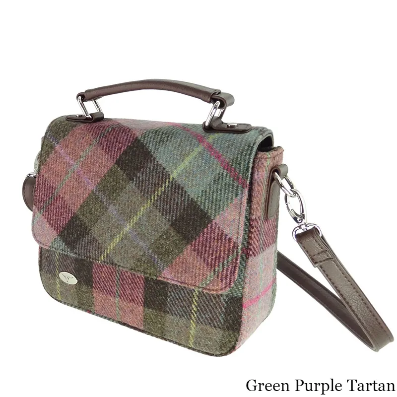 B40243 MUTED GREEN PURPLE TARTAN Colour Harris Tweed Square Shoulder Bag Gaelsong