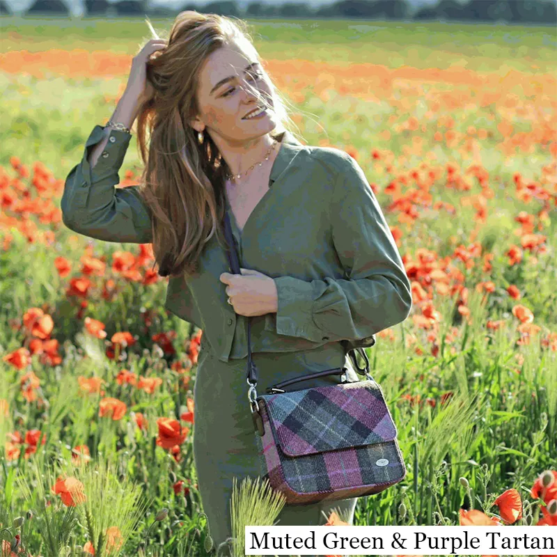 B40243 MUTED GREEN PURPLE TARTAN Colour Harris Tweed Square Shoulder Bag Lifestyle Gaelsong