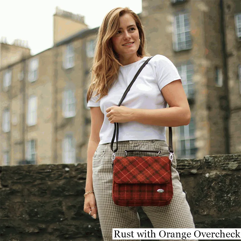 B40243 RUST WITH ORANGE OVERCHECK Colour Harris Tweed Square Shoulder Bag Lifestyle Gaelsong
