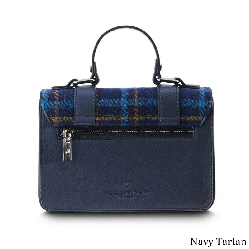 B40248 NAVY TARTAN Colour Handwoven Harris Tweed Satchel Back Side Gaelsong