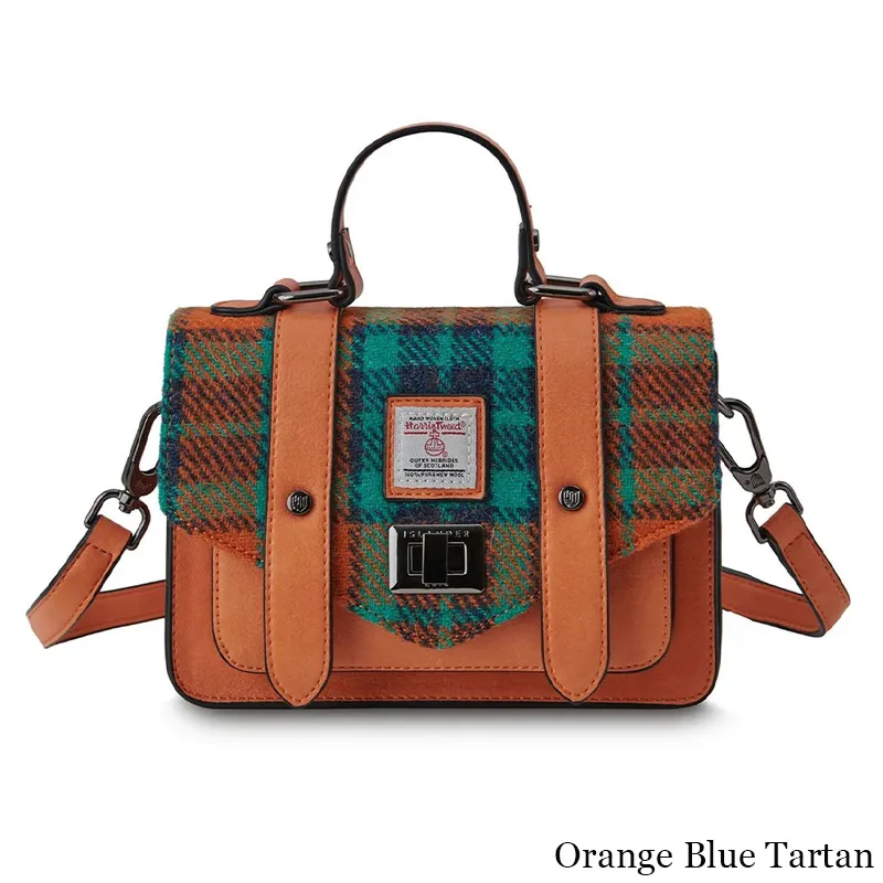 B40248 ORANGE BLUE TARTAN Colour Handwoven Harris Tweed Satchel Gaelsong