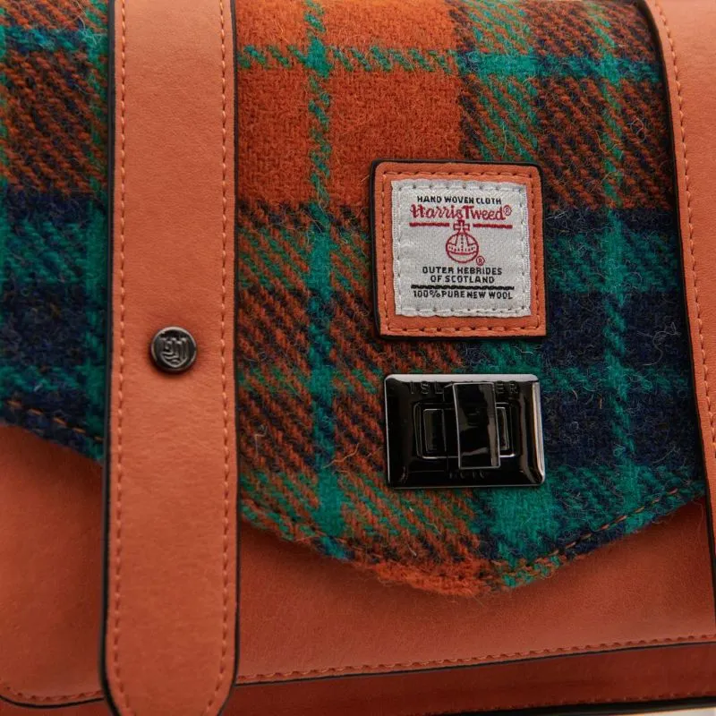 B40248 ORANGE BLUE TARTAN Colour Handwoven Harris Tweed Satchel Closeup View Gaelsong
