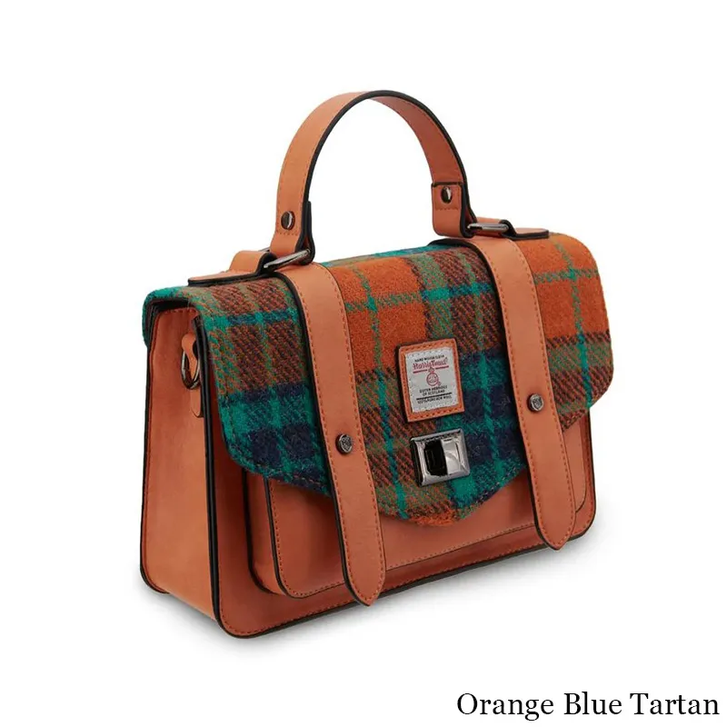 B40248 ORANGE BLUE TARTAN Colour Handwoven Harris Tweed Satchel  Side View Gaelsong