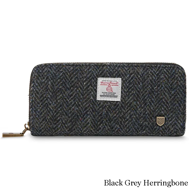 B40250 BLACK GREY HERRINGBONE Colour Handmade Harris Tweed Long Zip Purse Gaelsong