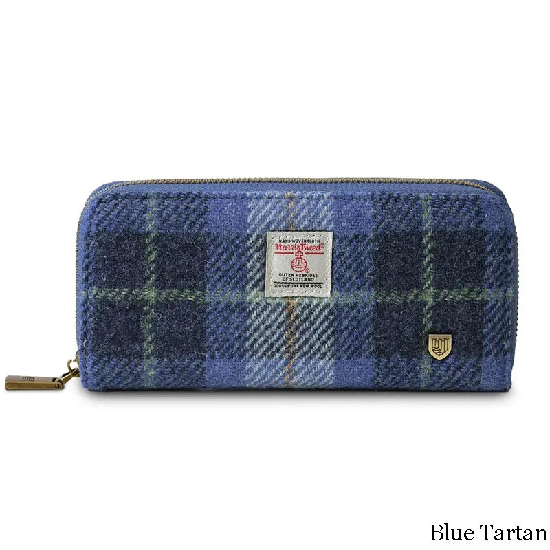 B40250 BLUE TARTAN Colour Handmade Harris Tweed Long Zip Purse Gaelsong