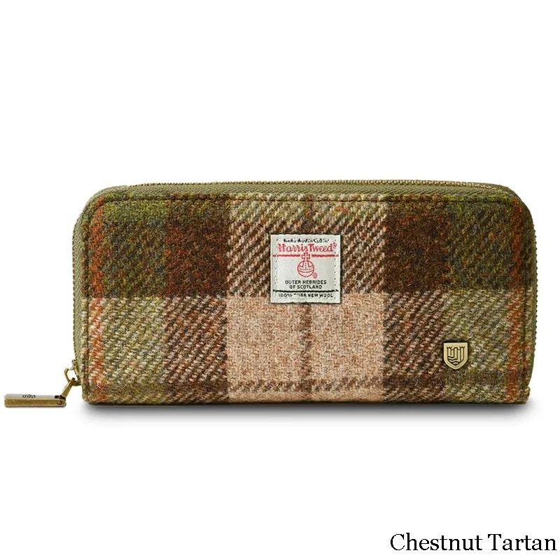 B40250 CHESTNUT TARTAN Colour Handmade Harris Tweed Long Zip Purse Gaelsong