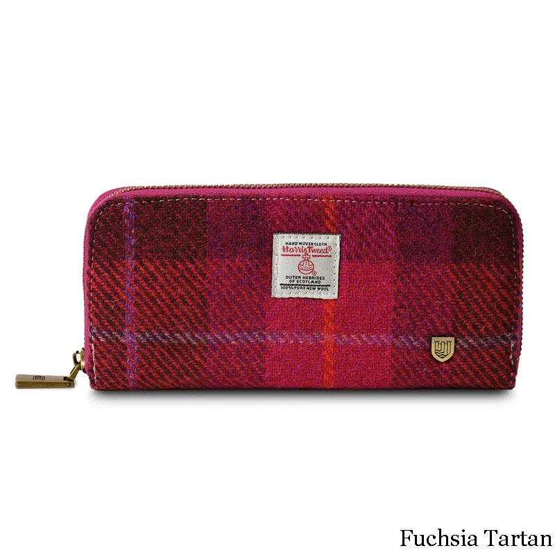 B40250 FUCHSIA TARTAN Colour Handmade Harris Tweed Long Zip Purse Gaelsong