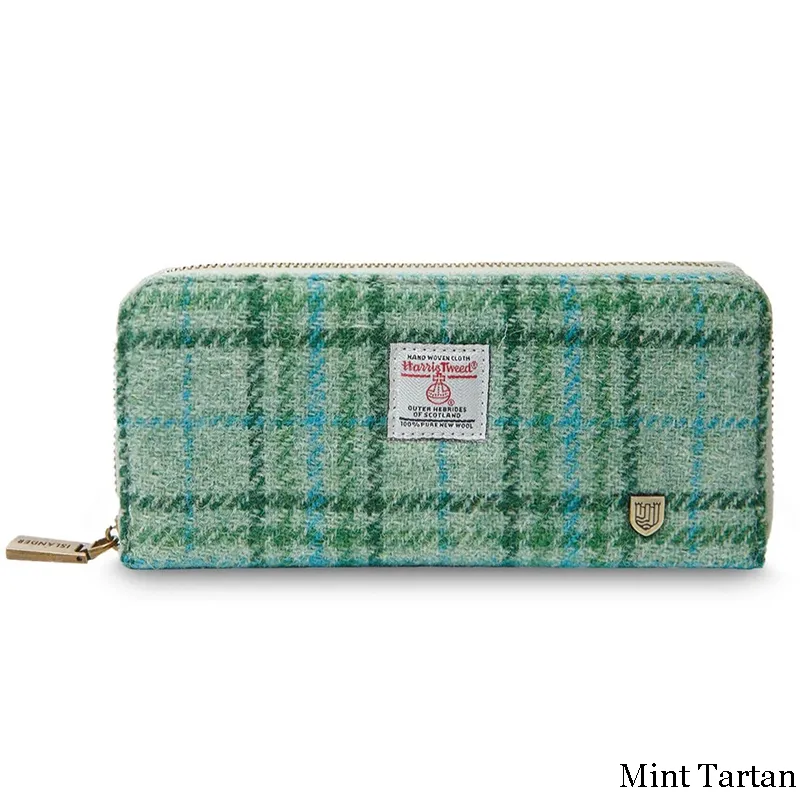 B40250 MINT CHECK Colour Handmade Harris Tweed Long Zip Purse Gaelsong