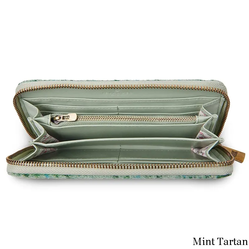 B40250 MINT CHECK Colour Handmade Harris Tweed Long Zip Purse Inside Compartments Gaelsong