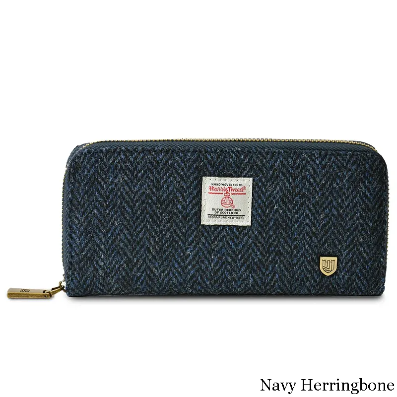 B40250 NAVY HERRINGBONE Colour Handmade Harris Tweed Long Zip Purse Gaelsong