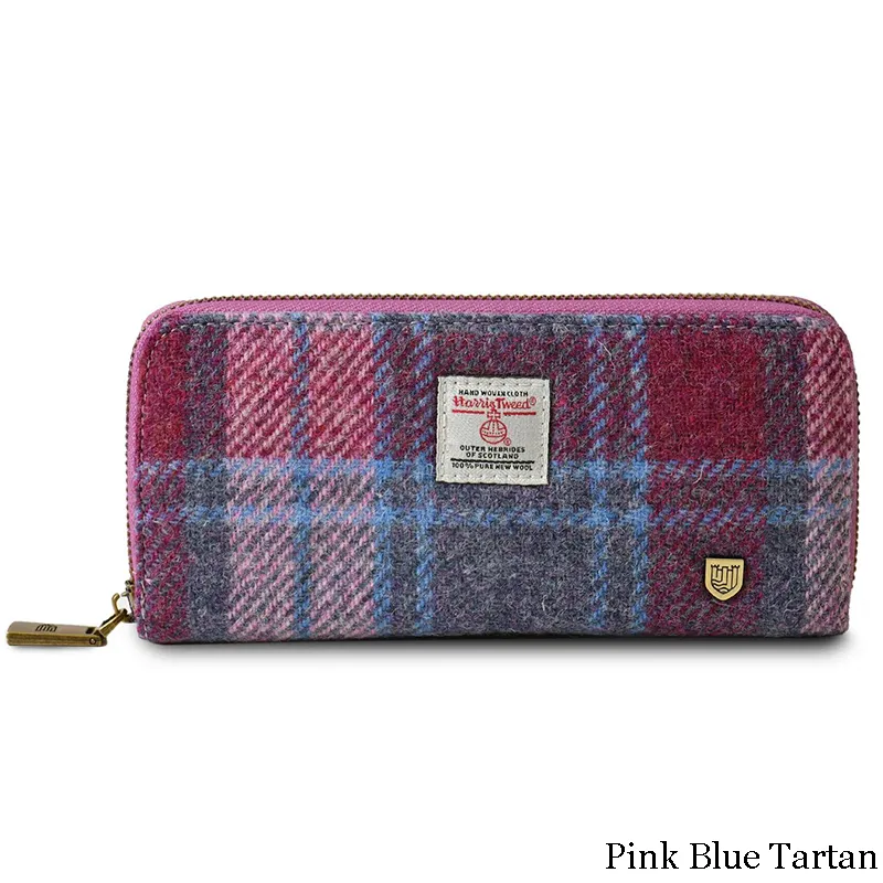 B40250 PINK BLUE TARTAN Colour Handmade Harris Tweed Long Zip Purse Gaelsong